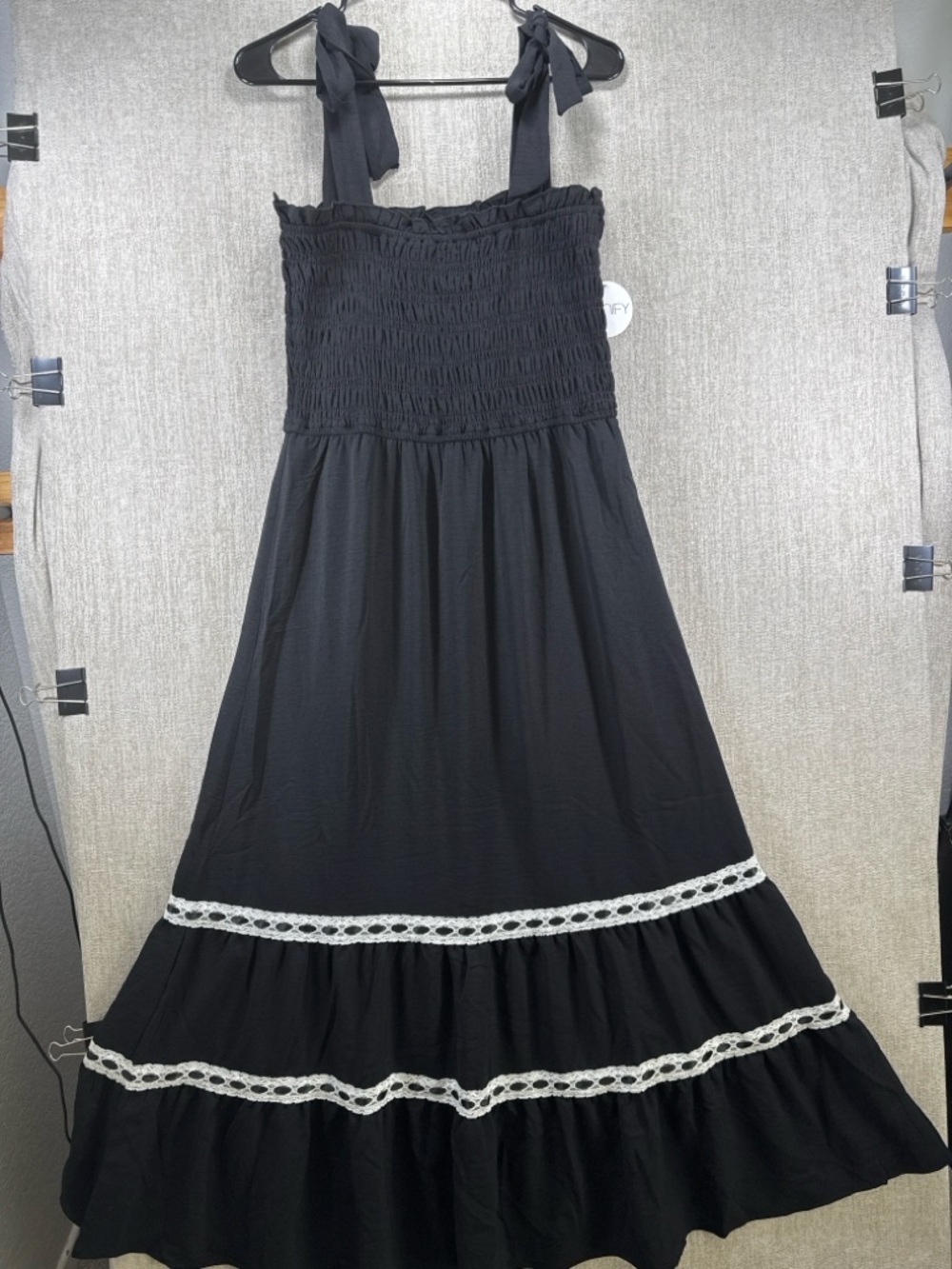 NWT Signify Black Smocked Tie Strap Maxi Dress White Lace Trim L